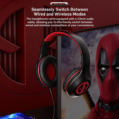 Deadpool Marvel Bluetooth Over-Ear Headphones, Foldable Wired Wireless Dual Mode Stereo Gaming Headset with Mic, Cool Cosplay Gift for Marvel Fans Teens