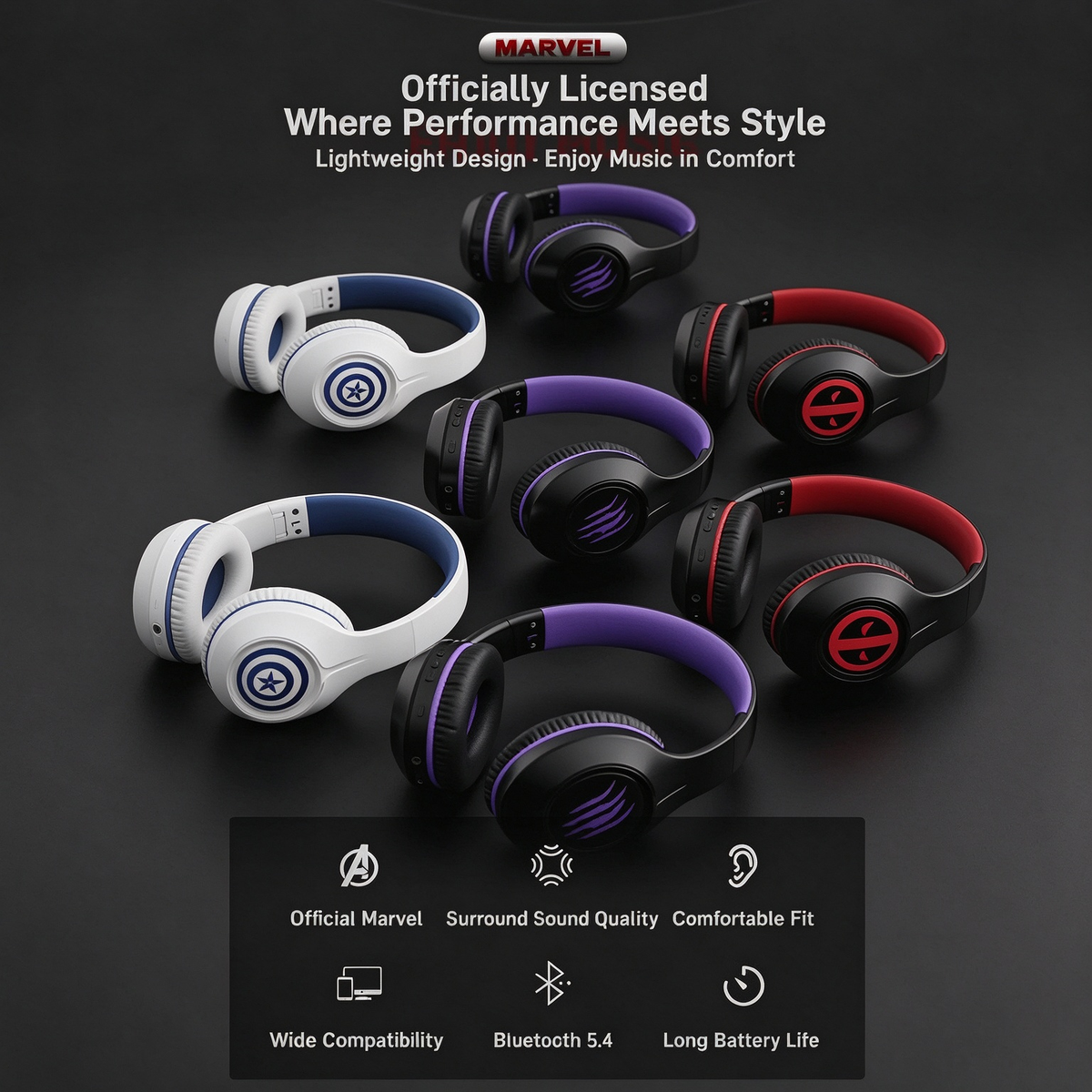 Deadpool Marvel Bluetooth Over-Ear Headphones, Foldable Wired Wireless Dual Mode Stereo Gaming Headset with Mic, Cool Cosplay Gift for Marvel Fans Teens