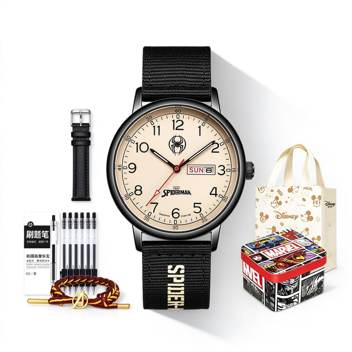 Marvel Spider-Man Analog Quartz Watch for Boys, Date & Week, Nylon Strap Casual Wrist Watch, Complete Gift Box, Superhero Gift for Teen Students