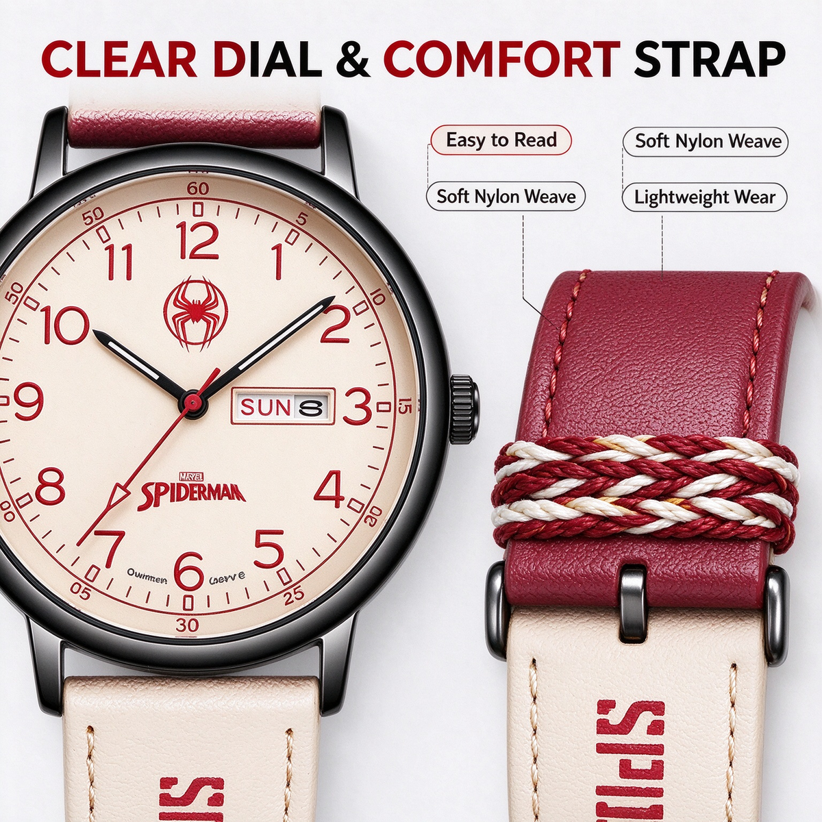 Marvel Spider-Man Analog Quartz Watch for Boys, Date & Week, Nylon Strap Casual Wrist Watch, Complete Gift Box, Superhero Gift for Teen Students