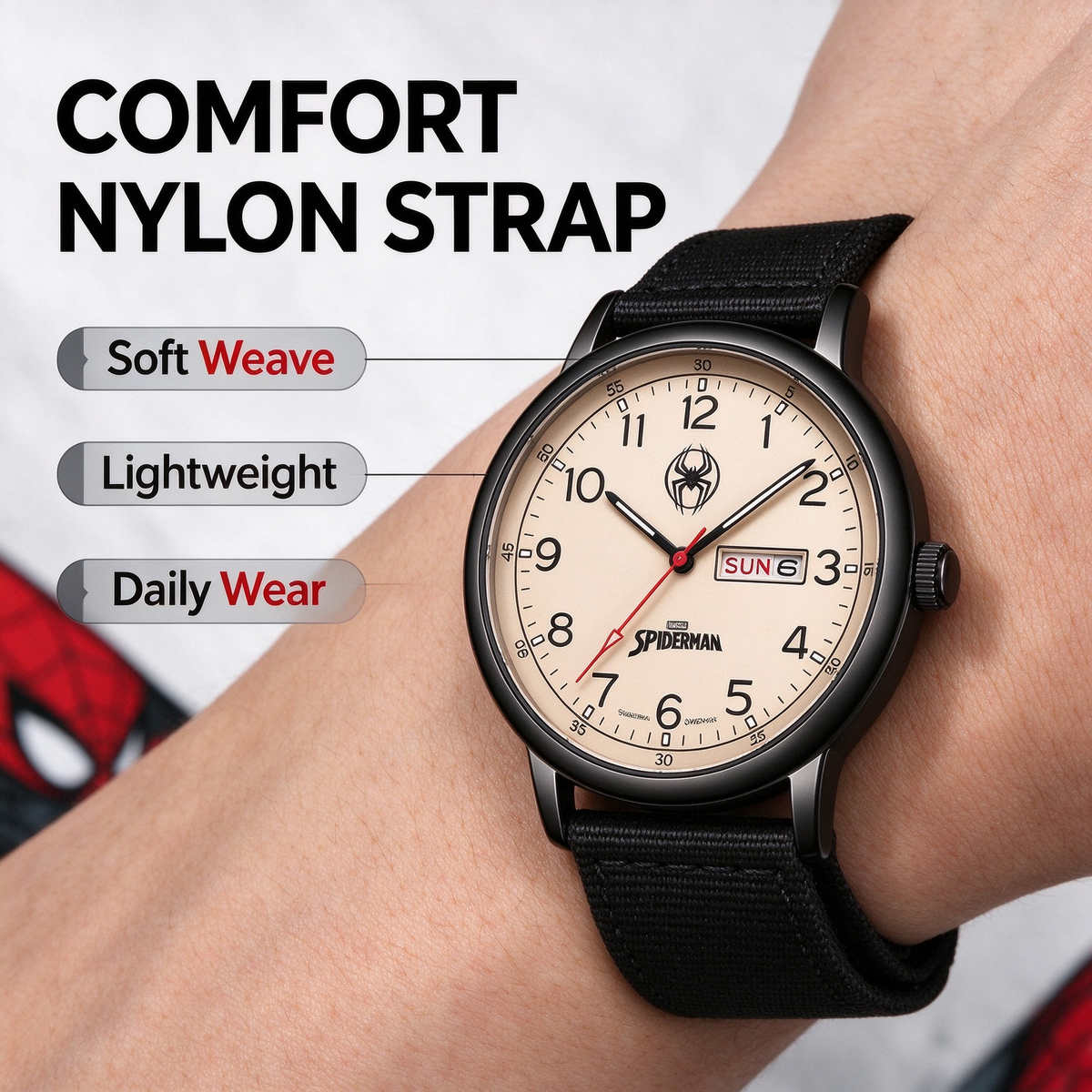Marvel Spider-Man Analog Quartz Watch for Boys, Date & Week, Nylon Strap Casual Wrist Watch, Complete Gift Box, Superhero Gift for Teen Students