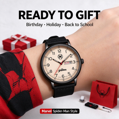 Marvel Spider-Man Analog Quartz Watch for Boys, Date & Week, Nylon Strap Casual Wrist Watch, Complete Gift Box, Superhero Gift for Teen Students