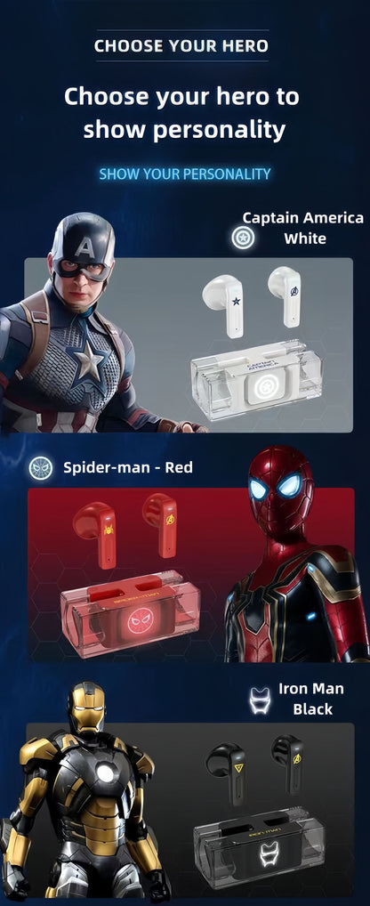 Avengers Spider‑Man Iron Man Captain America TWS True Wireless Bluetooth 5.3 Earbuds, Low Latency Gaming Mode, Cool Light Transparent Charging Case, Touch Control HIFI Stereo Headphones