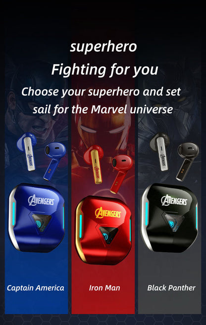 Marvel Avengers Iron Man Captain America Black Panther True Wireless Bluetooth 5.3 Earbuds HIFI Stereo Sound Touch Control In‑Ear Gaming Headphones with Charging Case for Sports Daily Use