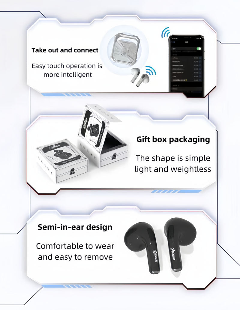 Marvel Avengers Iron Man TWS Wireless Bluetooth 5.3 Earbuds Rotatable Opening Charging Case 360° Surround Sound Semi‑in‑Ear Gaming Headphones Black White Variant For Sports Gaming Daily Use