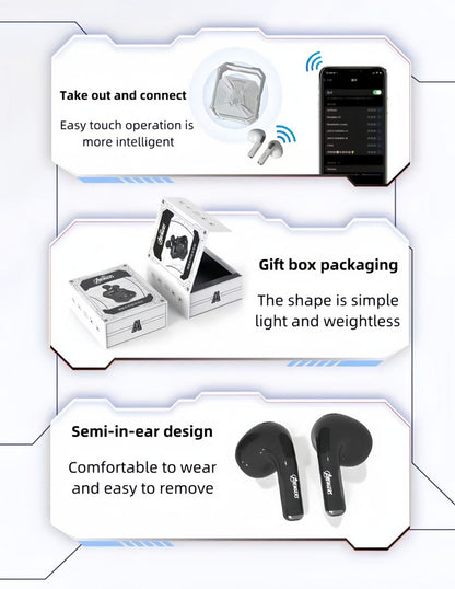Marvel Avengers Iron Man TWS Wireless Bluetooth 5.3 Earbuds Rotatable Opening Charging Case 360° Surround Sound Semi‑in‑Ear Gaming Headphones Black White Variant For Sports Gaming Daily Use