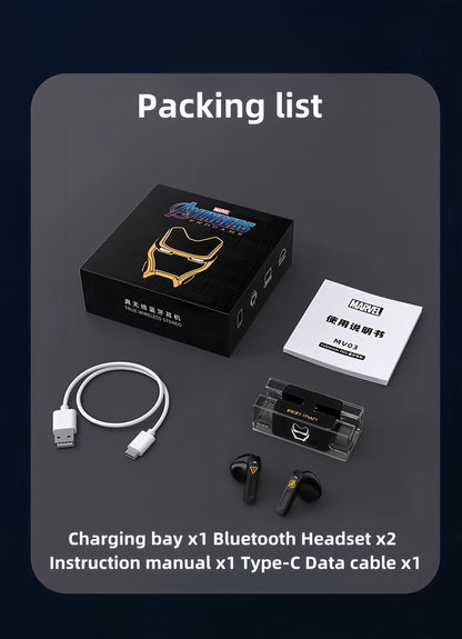 Avengers Spider‑Man Iron Man Captain America TWS True Wireless Bluetooth 5.3 Earbuds, Low Latency Gaming Mode, Cool Light Transparent Charging Case, Touch Control HIFI Stereo Headphones