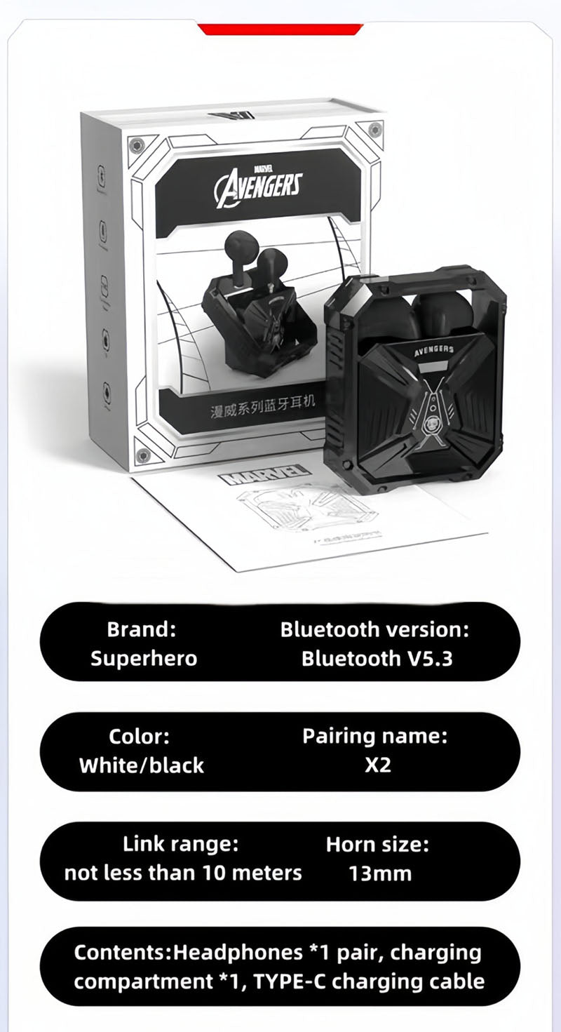 Marvel Avengers Iron Man TWS Wireless Bluetooth 5.3 Earbuds Rotatable Opening Charging Case 360° Surround Sound Semi‑in‑Ear Gaming Headphones Black White Variant For Sports Gaming Daily Use