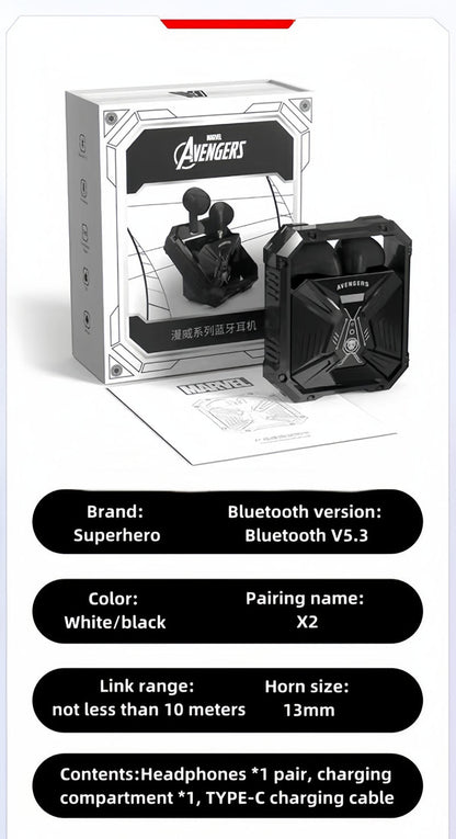 Marvel Avengers Iron Man TWS Wireless Bluetooth 5.3 Earbuds Rotatable Opening Charging Case 360° Surround Sound Semi‑in‑Ear Gaming Headphones Black White Variant For Sports Gaming Daily Use