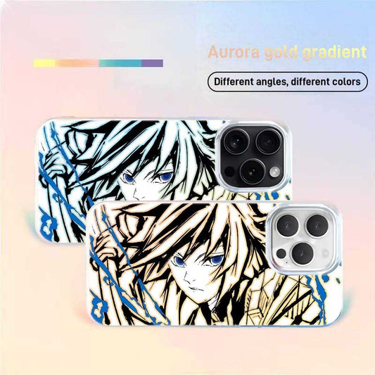 Demon Slayer Tomioka Giyu Aurora Gradient Phone Case Holographic Color Changing Shockproof Quadrilateral Airbag Soft TPU Clear Protective Cover For iPhone Multiple Models Anime Gift