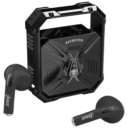 Marvel Avengers Iron Man TWS Wireless Bluetooth 5.3 Earbuds Rotatable Opening Charging Case 360° Surround Sound Semi‑in‑Ear Gaming Headphones Black White Variant For Sports Gaming Daily Use