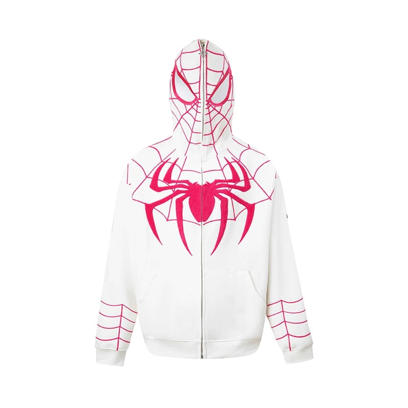 Spider‑Man Peter Parker Full Zip Up Hoodie With Mask Face Cover, Chenille Embroidery Spider Graphic Oversized Cosplay Hooded Sweatshirt For Men Women