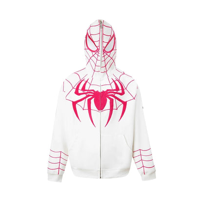 Spider‑Man Peter Parker Full Zip Up Hoodie With Mask Face Cover, Chenille Embroidery Spider Graphic Oversized Cosplay Hooded Sweatshirt For Men Women