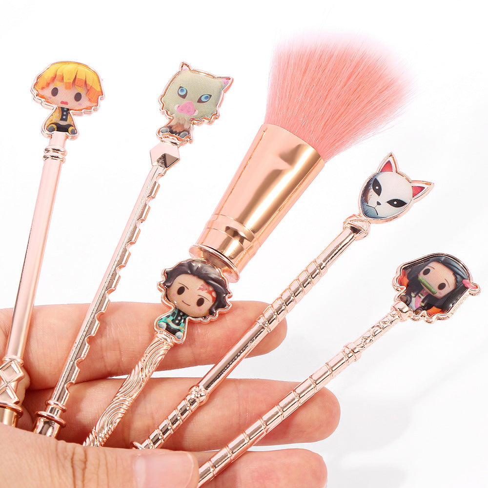 Demon Slayer Makeup Brushes Set, 5Pcs Anime Cosmetic Brushes with Pink Storage Pouch, Soft Synthetic Bristles Rose Gold Handle Makeup Brush Kit, Cute Anime Gift for Demon Slayer Fans