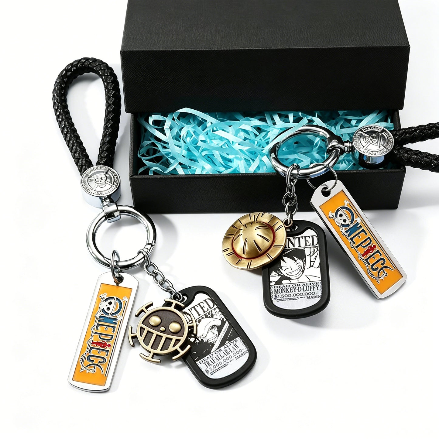One Piece Monkey D. Luffy Wanted Poster Keychain Set Metal Dog Tag Pendant Braided Wrist Lanyard Anime Cosplay Accessory Gift Box Collection
