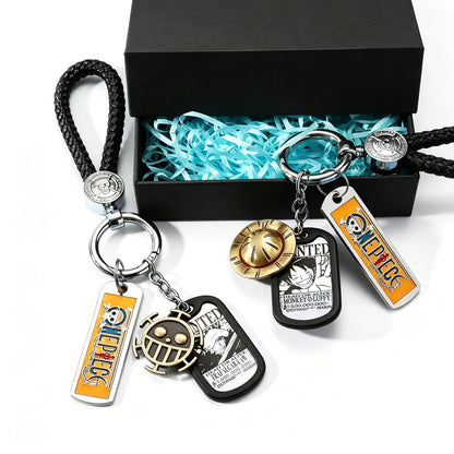 One Piece Monkey D. Luffy Wanted Poster Keychain Set Metal Dog Tag Pendant Braided Wrist Lanyard Anime Cosplay Accessory Gift Box Collection