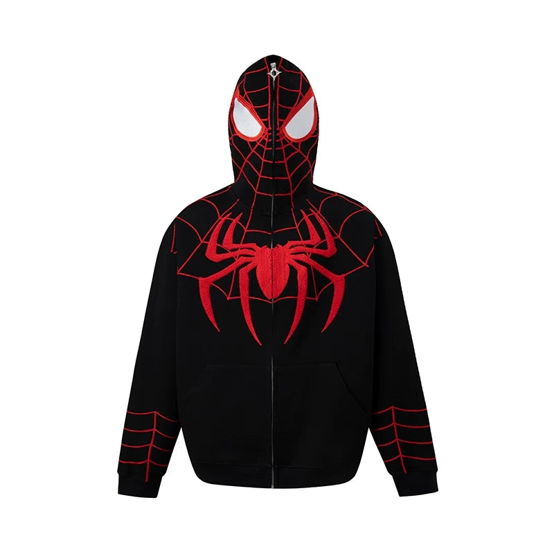 Spider‑Man Peter Parker Full Zip Up Hoodie With Mask Face Cover, Chenille Embroidery Spider Graphic Oversized Cosplay Hooded Sweatshirt For Men Women