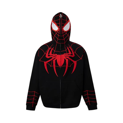 Spider‑Man Peter Parker Full Zip Up Hoodie With Mask Face Cover, Chenille Embroidery Spider Graphic Oversized Cosplay Hooded Sweatshirt For Men Women