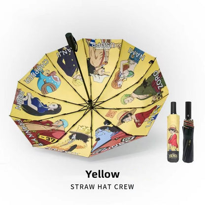 One Piece Monkey D. Luffy Roronoa Zoro Nami Straw Hat Crew Automatic Folding Umbrella, 2 Styles Black Glue Coating Windproof Rain Sun Dual‑Use Compact Travel Umbrella For Anime Fans