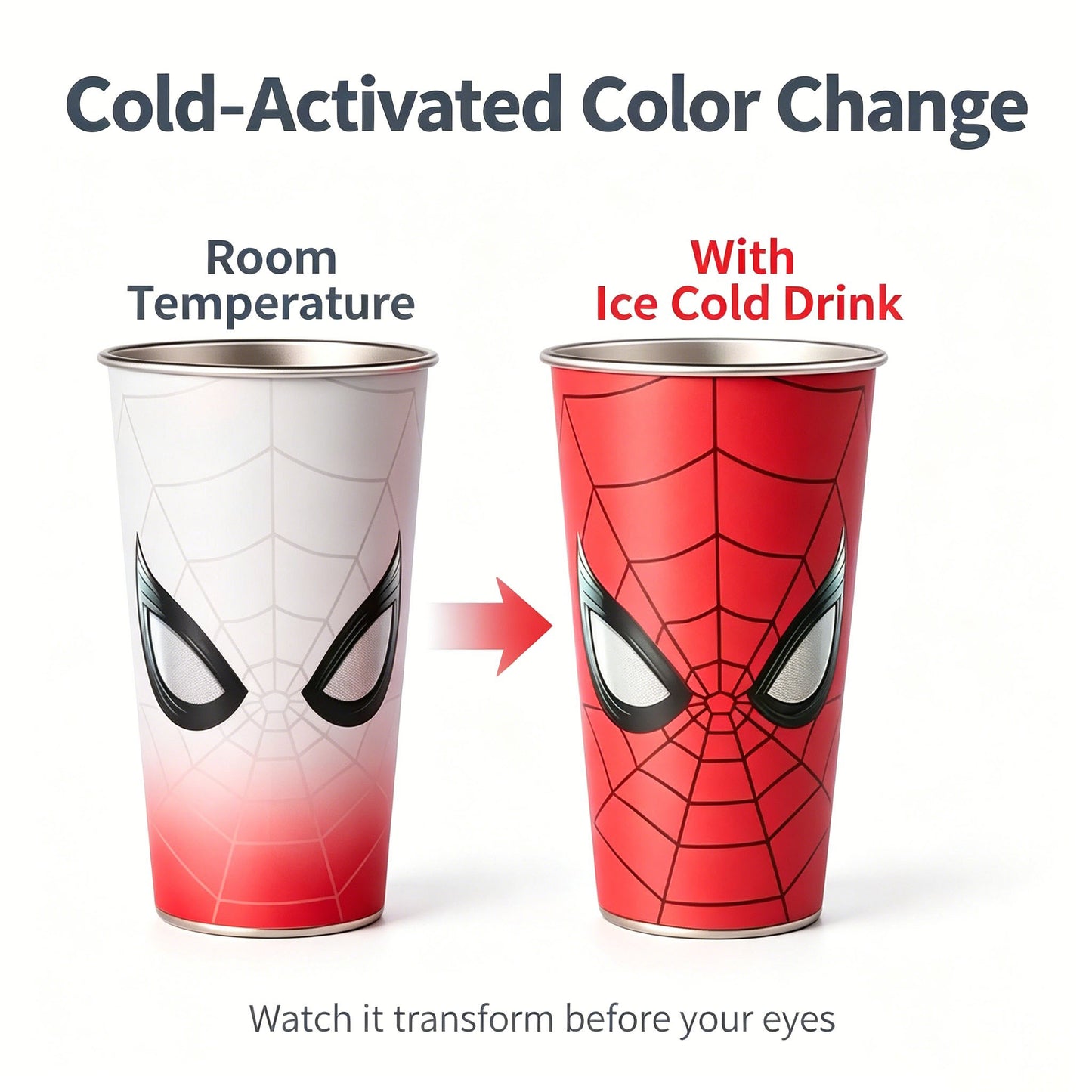 Marvel Spider‑Man Cold Activated Color Changing 304 Stainless Steel Cup, Glow In The Dark Eyes 700ml Large Capacity Metal Drinking Tumbler For Iced Coffee Cold Drinks, Superhero Fans Gift With Gift Box