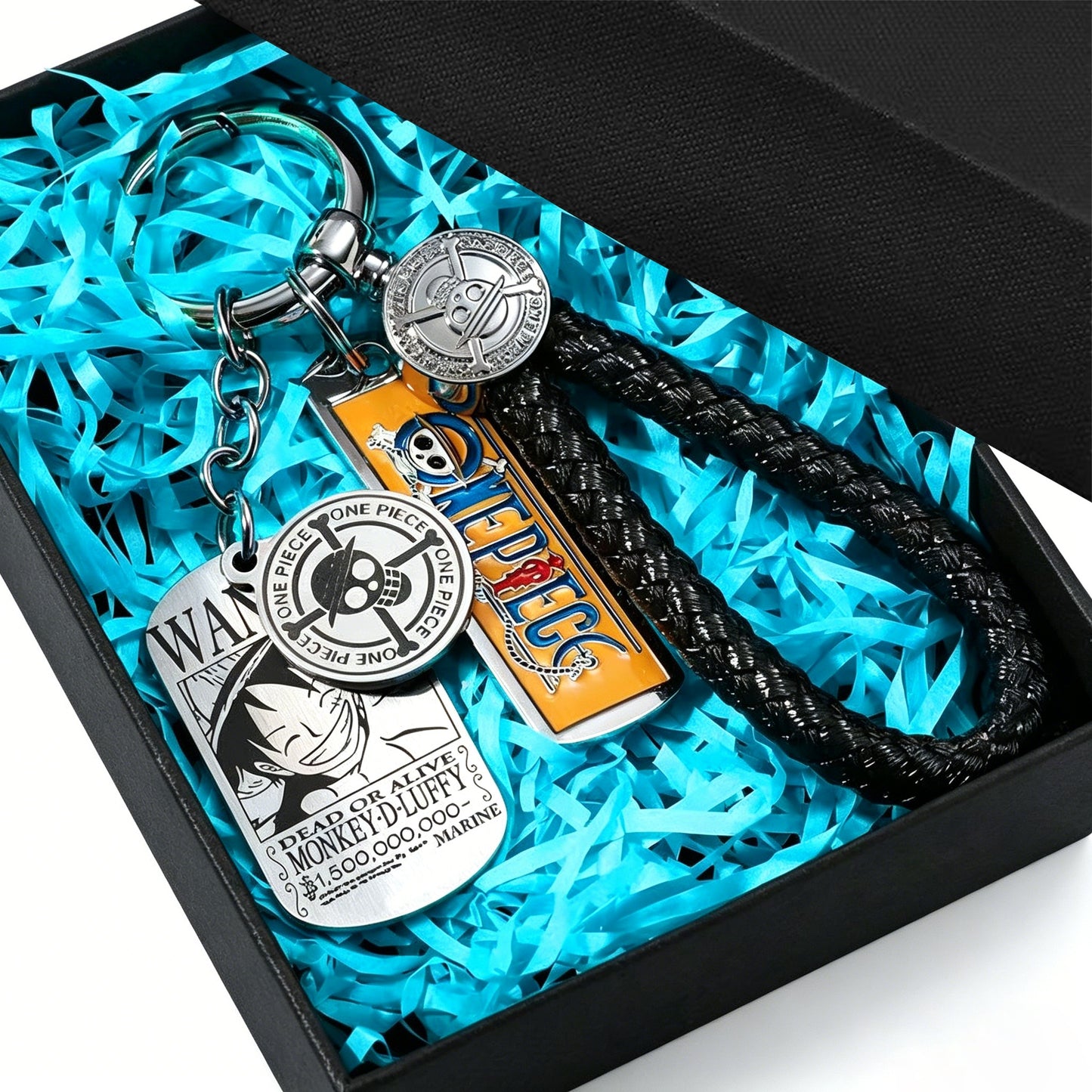 One Piece Monkey D. Luffy Wanted Poster Keychain Set Metal Dog Tag Pendant Braided Wrist Lanyard Anime Cosplay Accessory Gift Box Collection