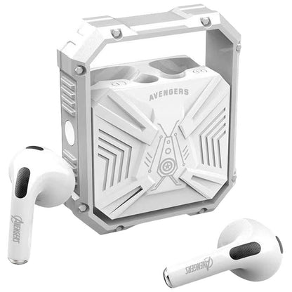 Marvel Avengers Iron Man TWS Wireless Bluetooth 5.3 Earbuds Rotatable Opening Charging Case 360° Surround Sound Semi‑in‑Ear Gaming Headphones Black White Variant For Sports Gaming Daily Use