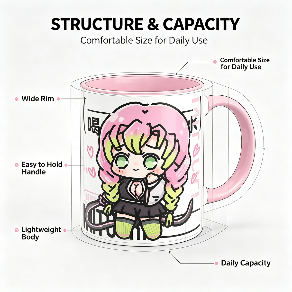 Demon Slayer Ceramic Mug, White Anime Coffee Cup, Kawaii Manga Drinking Cup, Anime Fan Gift for Home Office