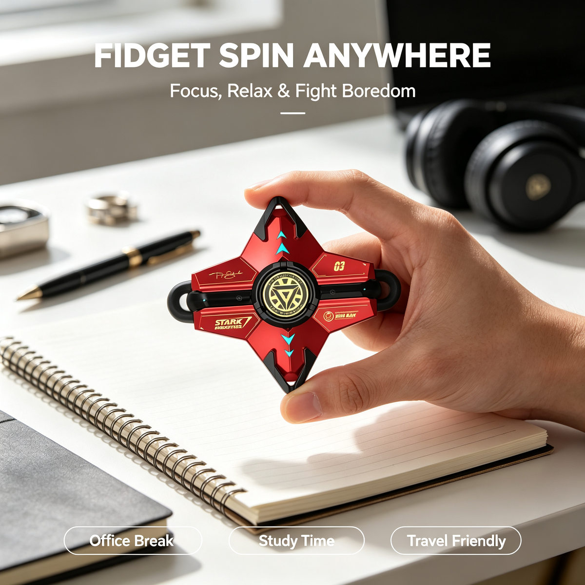 Marvel Iron‑Man Black Panther Spinner Wireless Bluetooth 5.3 Earbuds Fidget Spinner Toy Charging Case Stereo Gaming Headphones With Colorful LED Light For Anime Fans