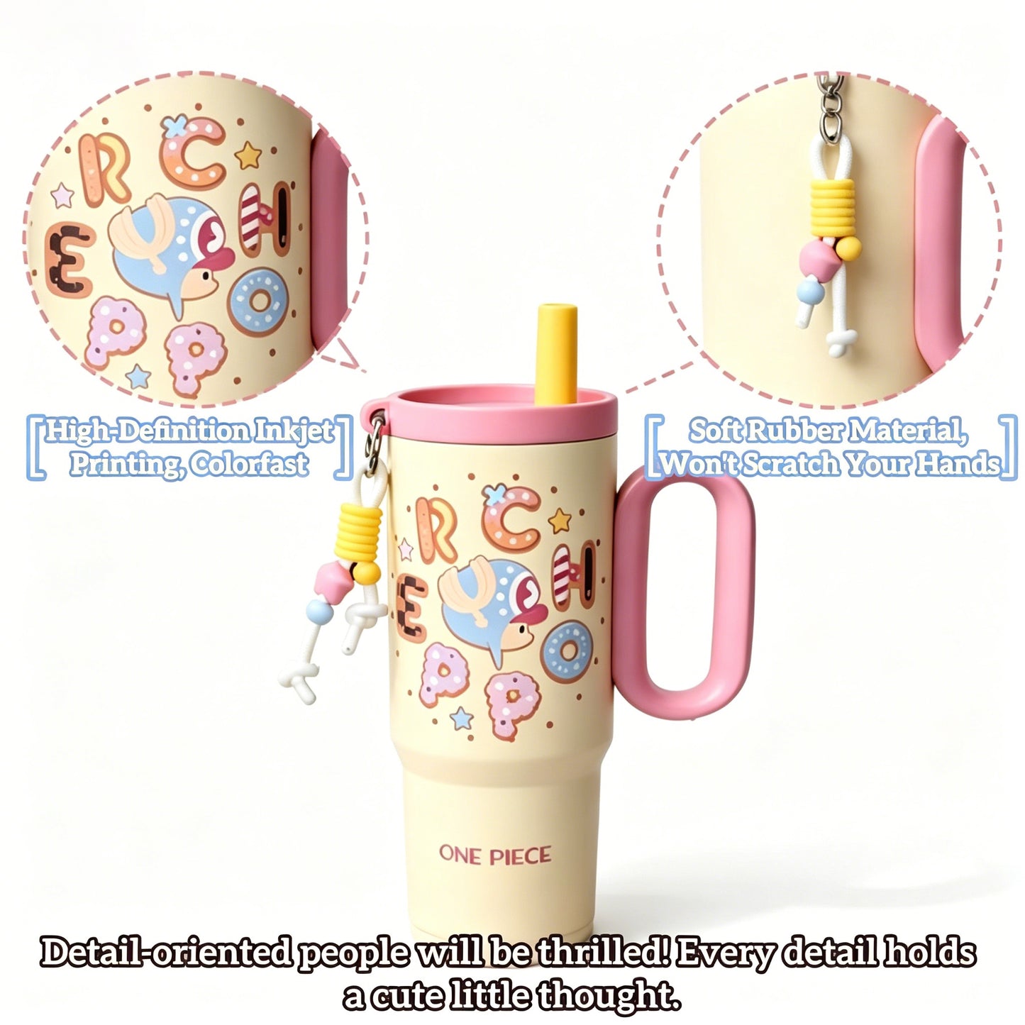 One Piece Tony Tony Chopper 25.36oz Insulated Tumbler With Handle Straw, 304 Stainless Steel Leak Proof Travel Coffee Cup With Tea Strainer & Cute Pendant, 24H Cold Retention Water Bottle For Car Office