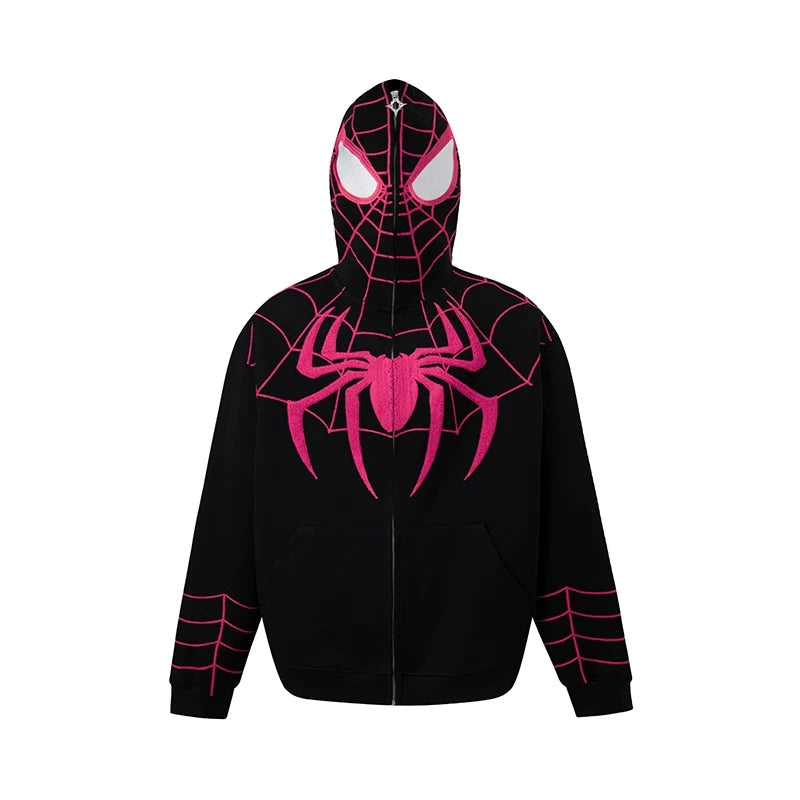 Spider‑Man Peter Parker Full Zip Up Hoodie With Mask Face Cover, Chenille Embroidery Spider Graphic Oversized Cosplay Hooded Sweatshirt For Men Women