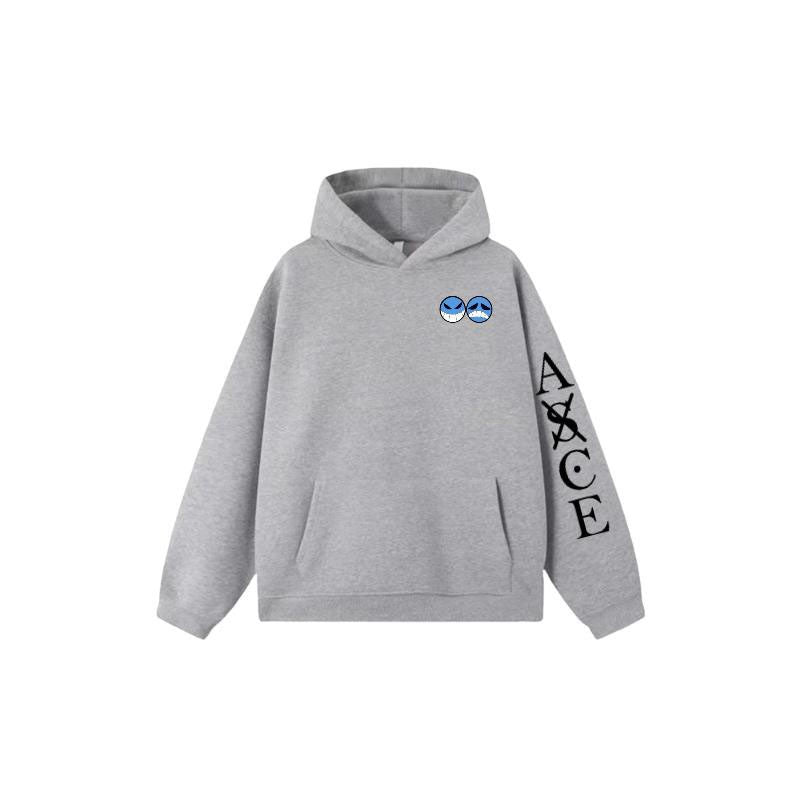 One Piece  Portgas D. Ace Embroidered Fleece Hoodie Warm Oversized Sweatshirt with Kangaroo Pocket