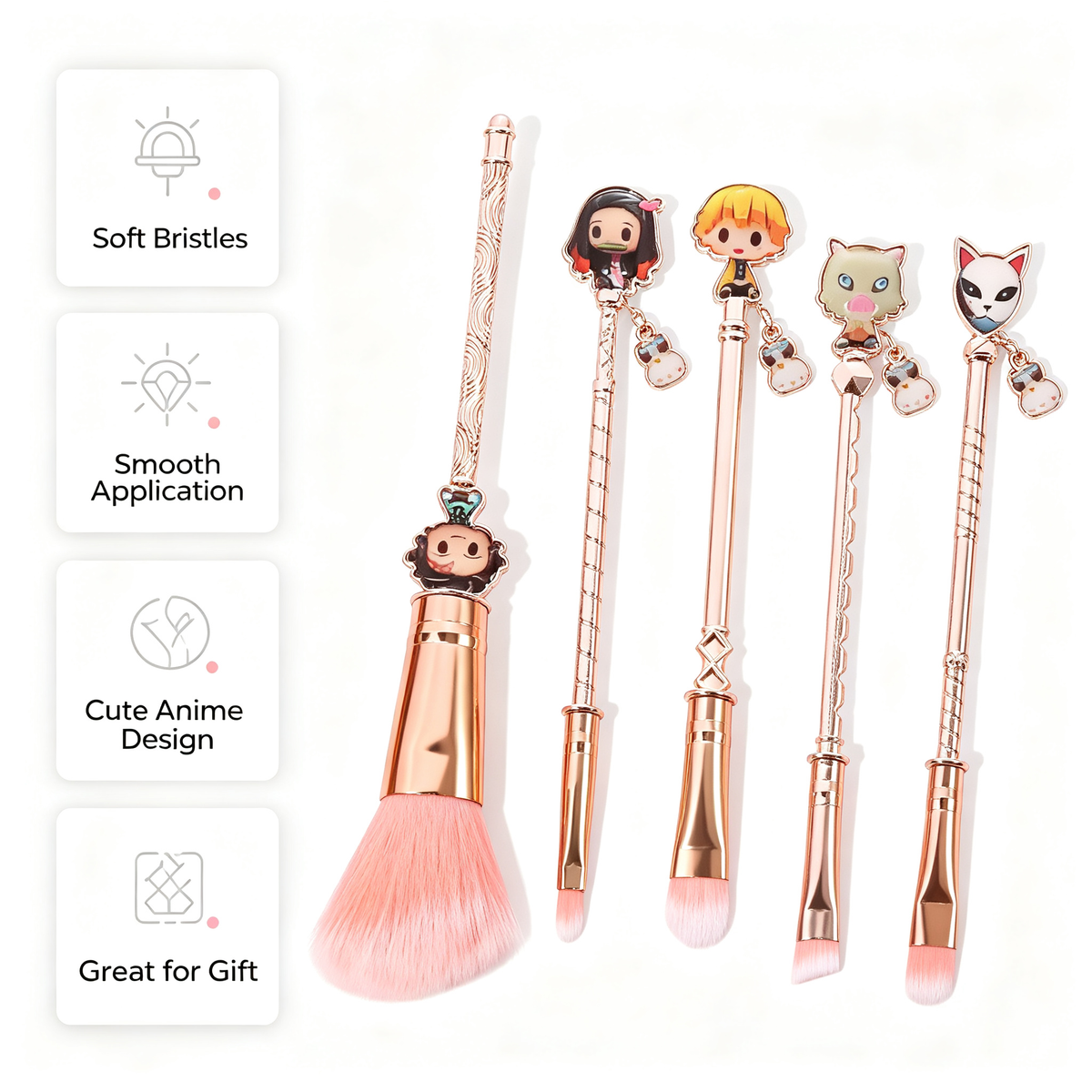 Demon Slayer Makeup Brushes Set, 5Pcs Anime Cosmetic Brushes with Pink Storage Pouch, Soft Synthetic Bristles Rose Gold Handle Makeup Brush Kit, Cute Anime Gift for Demon Slayer Fans
