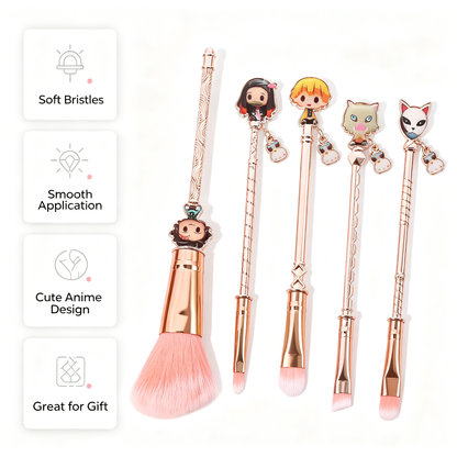 Demon Slayer Makeup Brushes Set, 5Pcs Anime Cosmetic Brushes with Pink Storage Pouch, Soft Synthetic Bristles Rose Gold Handle Makeup Brush Kit, Cute Anime Gift for Demon Slayer Fans