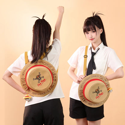 One Piece Monkey D. Luffy Straw Hat Backpack, Anime Cosplay Shoulder Bag with Plush Pendant, Large Capacity Canvas Daypack for Fans Gift
