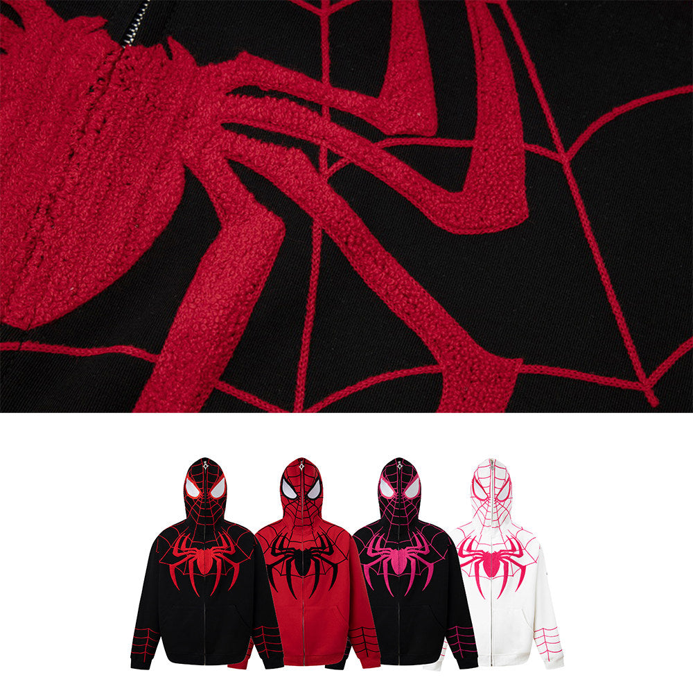 Spider‑Man Peter Parker Full Zip Up Hoodie With Mask Face Cover, Chenille Embroidery Spider Graphic Oversized Cosplay Hooded Sweatshirt For Men Women