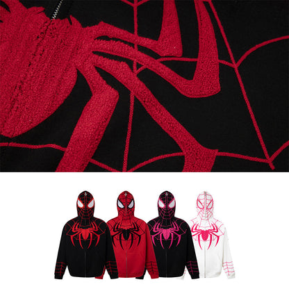 Spider‑Man Peter Parker Full Zip Up Hoodie With Mask Face Cover, Chenille Embroidery Spider Graphic Oversized Cosplay Hooded Sweatshirt For Men Women