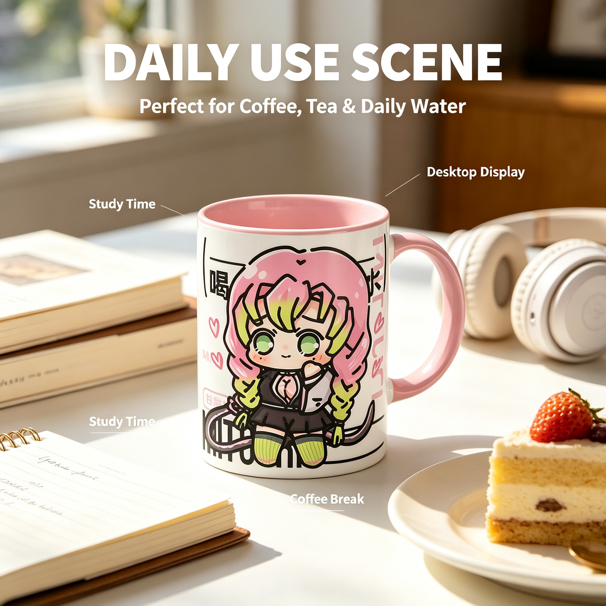 Demon Slayer Ceramic Mug, White Anime Coffee Cup, Kawaii Manga Drinking Cup, Anime Fan Gift for Home Office