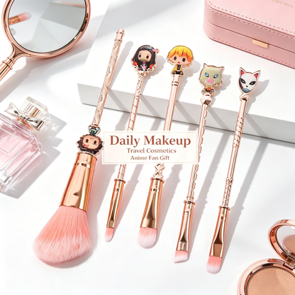 Demon Slayer Makeup Brushes Set, 5Pcs Anime Cosmetic Brushes with Pink Storage Pouch, Soft Synthetic Bristles Rose Gold Handle Makeup Brush Kit, Cute Anime Gift for Demon Slayer Fans