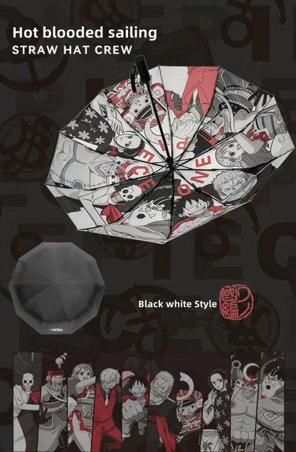 One Piece Monkey D. Luffy Roronoa Zoro Nami Straw Hat Crew Automatic Folding Umbrella, 2 Styles Black Glue Coating Windproof Rain Sun Dual‑Use Compact Travel Umbrella For Anime Fans