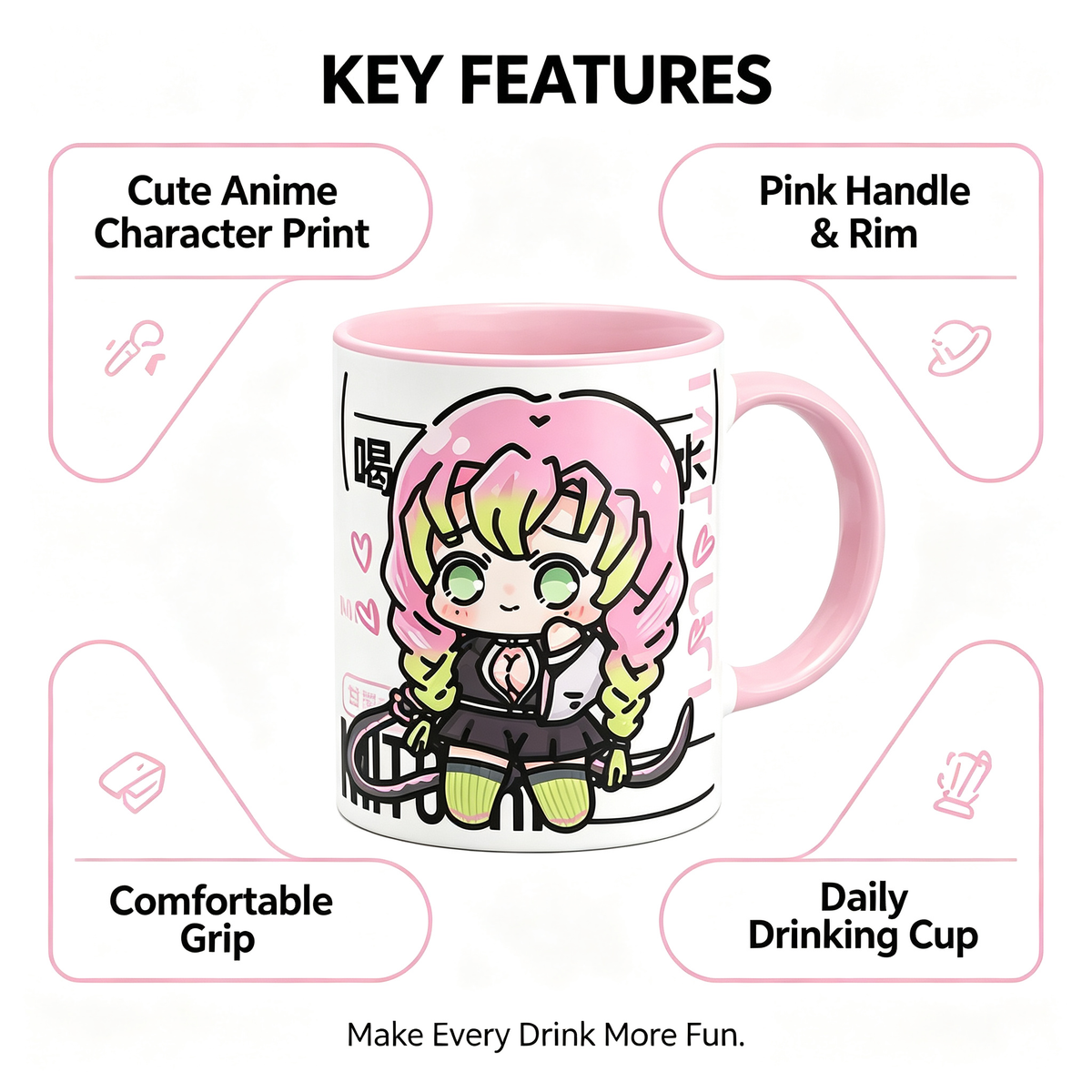 Demon Slayer Ceramic Mug, White Anime Coffee Cup, Kawaii Manga Drinking Cup, Anime Fan Gift for Home Office