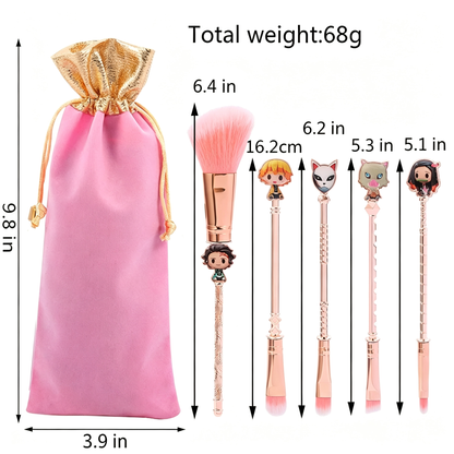 Demon Slayer Makeup Brushes Set, 5Pcs Anime Cosmetic Brushes with Pink Storage Pouch, Soft Synthetic Bristles Rose Gold Handle Makeup Brush Kit, Cute Anime Gift for Demon Slayer Fans