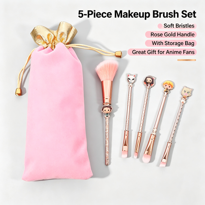 Demon Slayer Makeup Brushes Set, 5Pcs Anime Cosmetic Brushes with Pink Storage Pouch, Soft Synthetic Bristles Rose Gold Handle Makeup Brush Kit, Cute Anime Gift for Demon Slayer Fans