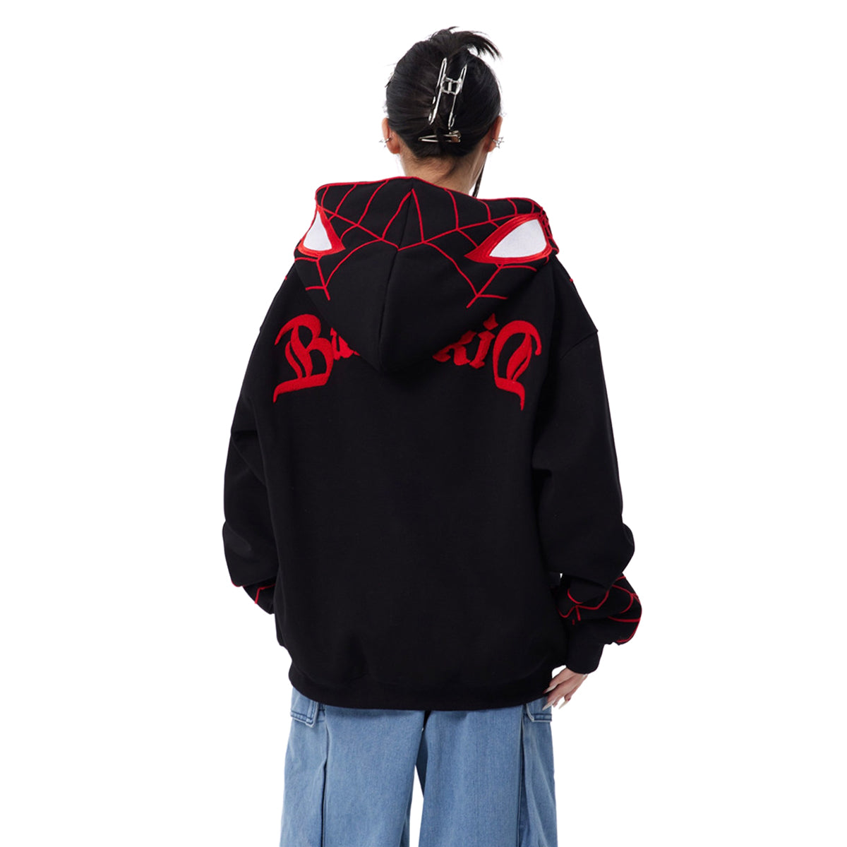 Spider‑Man Peter Parker Full Zip Up Hoodie With Mask Face Cover, Chenille Embroidery Spider Graphic Oversized Cosplay Hooded Sweatshirt For Men Women