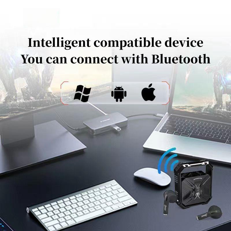 Marvel Avengers Iron Man TWS Wireless Bluetooth 5.3 Earbuds Rotatable Opening Charging Case 360° Surround Sound Semi‑in‑Ear Gaming Headphones Black White Variant For Sports Gaming Daily Use