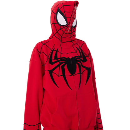Spider‑Man Peter Parker Full Zip Up Hoodie With Mask Face Cover, Chenille Embroidery Spider Graphic Oversized Cosplay Hooded Sweatshirt For Men Women