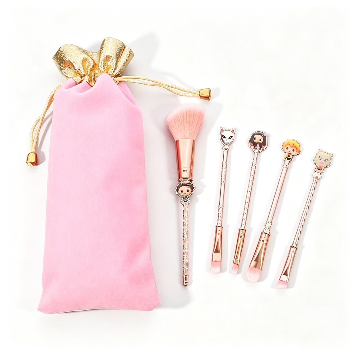 Demon Slayer Makeup Brushes Set, 5Pcs Anime Cosmetic Brushes with Pink Storage Pouch, Soft Synthetic Bristles Rose Gold Handle Makeup Brush Kit, Cute Anime Gift for Demon Slayer Fans