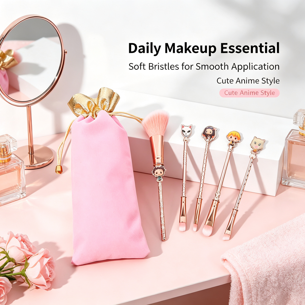 Demon Slayer Makeup Brushes Set, 5Pcs Anime Cosmetic Brushes with Pink Storage Pouch, Soft Synthetic Bristles Rose Gold Handle Makeup Brush Kit, Cute Anime Gift for Demon Slayer Fans