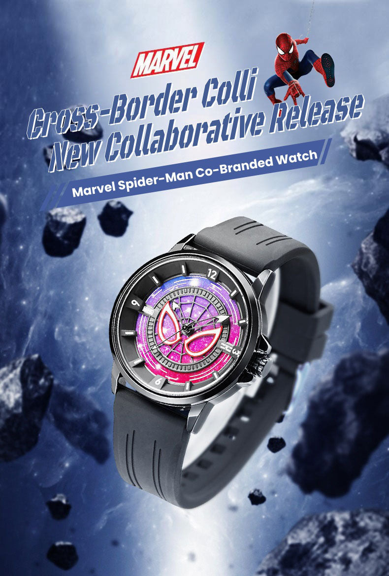 Marvel Spider-Man Co-Branded Quartz Watch 3D Gradient Starry Sky Dial Luminous Glow In Dark 3ATM Waterproof Silicone Strap Alloy Case Scratch Resistant Glass Unisex Analog Wristwatch 2 Colors For Fans
