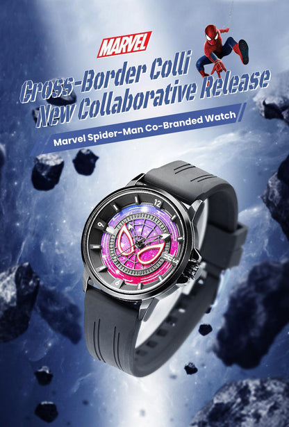 Marvel Spider-Man Co-Branded Quartz Watch 3D Gradient Starry Sky Dial Luminous Glow In Dark 3ATM Waterproof Silicone Strap Alloy Case Scratch Resistant Glass Unisex Analog Wristwatch 2 Colors For Fans