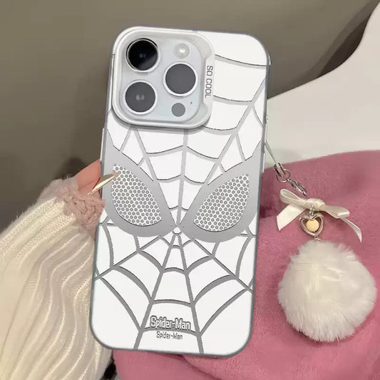 MARVEL Silver Spider Man Protective Case Set for iPhone & Airpods, Electroplated Spider Web Face Phone Cover & Earbud Case with Keychain